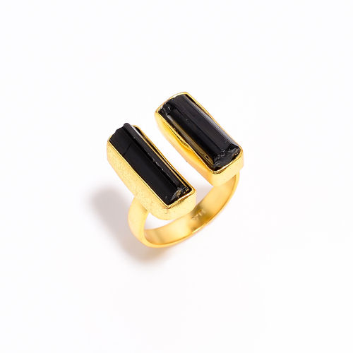 Black Tourmaline Two Stone Silver Gold Plated Adjustable Ring