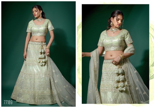 Mint Green And Rose Pink Net Semi-Stitched Lehenga And Unstitched Choli-77189