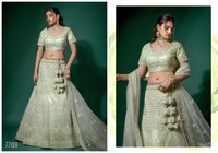 Traditional Mint Green And Rose Pink Net Semi-Stitched Lehenga And Unstitched Choli-77189