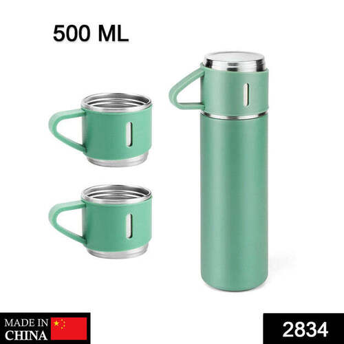 STAINLESS STEEL VACUUM FLASK SET WITH 3 STEEL CUPS COMBO FOR COFFEE HOT DRINK AND COLD WATER FLASK IDEAL GIFTING TRAVEL FRIENDLY LATEST FLASK BOTTLE (500ML) (2834)