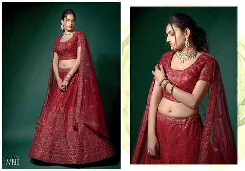 Cherry Red And Peach Net Fabric Semi Stitched Embroidered Lehenga Choli With Unstitched Blouse And Dupatta-77190