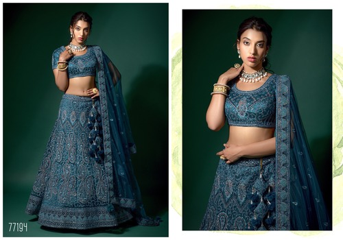 Navy Blue Net Embroidered Semi Stitched Lehenga And Unstitched Choli-77194