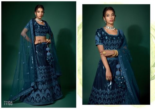 Ethnic Navy Blue And Peach Pink Net Embroidered Fancy Semi Stitched Lehenga And Unstitched Choli-77196