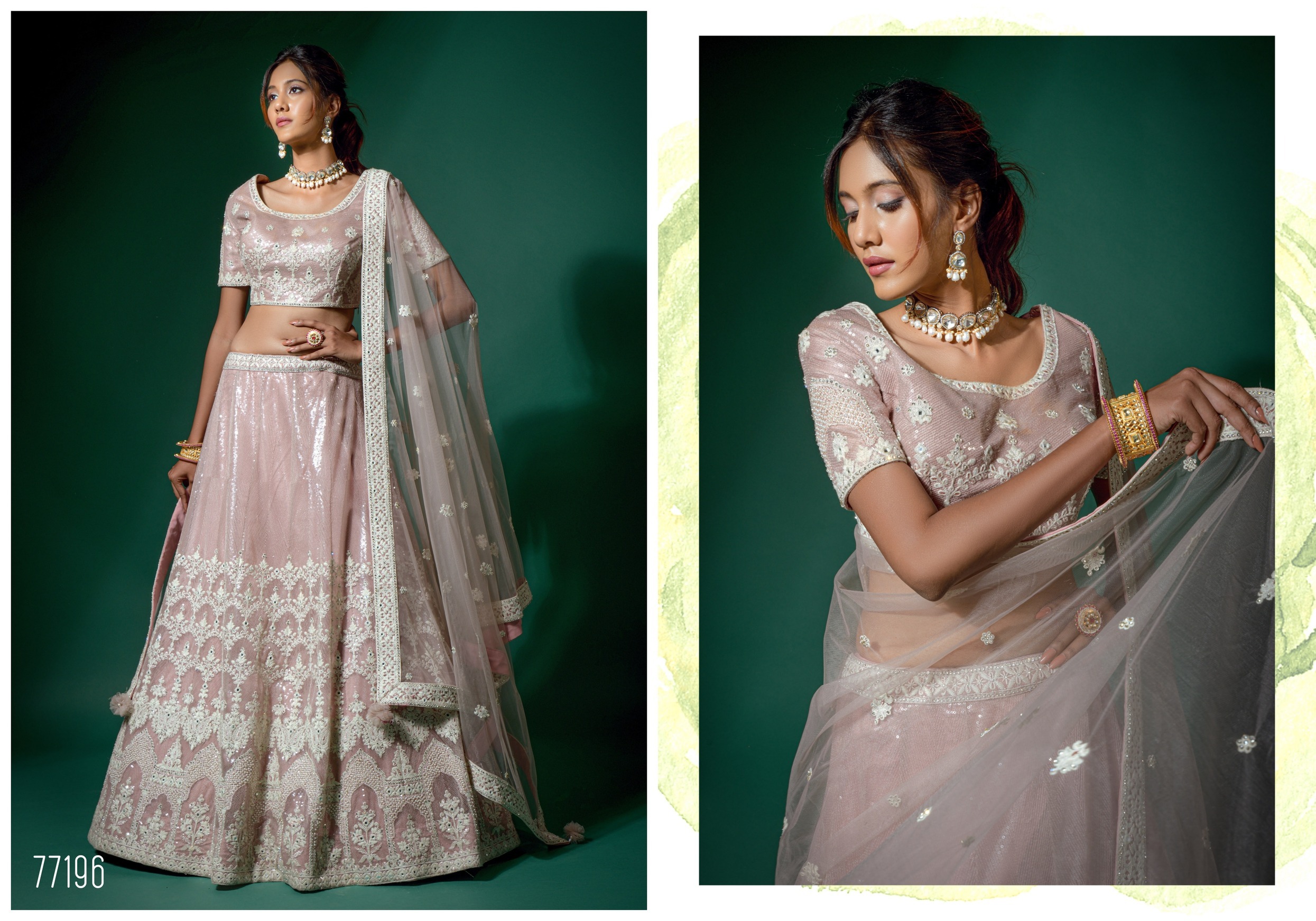 Navy Blue And Peach Pink Net Embroidered Fancy Semi Stitched Lehenga And Unstitched Choli-77196