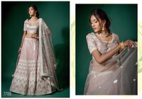 Navy Blue And Peach Pink Net Embroidered Fancy Semi Stitched Lehenga And Unstitched Choli-77196