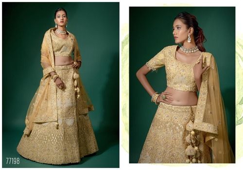 Trendy Mustard Yellow Net Embroidered Semi Stitched Lehenga And Unstitched Choli-77198