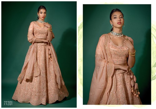 Peach Net Embroidered Semi Stitched Lehenga And Unstitched Choli-77201