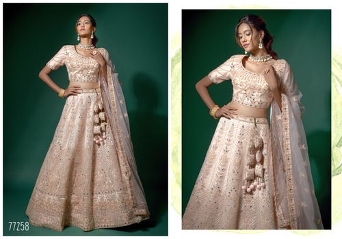 Peach Net Embroidered Fancy Semi Stitched Lehenga And Unstitched Choli-77258