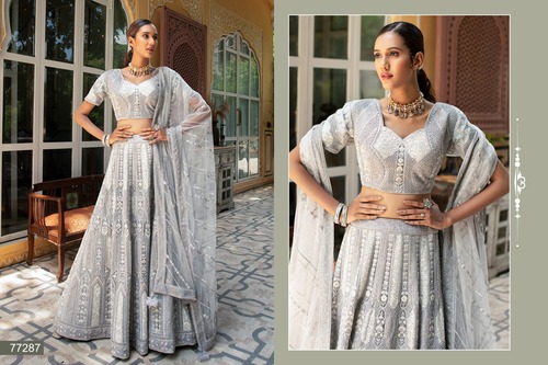 Grey Fully Zarkan Net Base Semi Stitched Glamorous Glitterati Lehenga Choli With Net Dupatta-77287