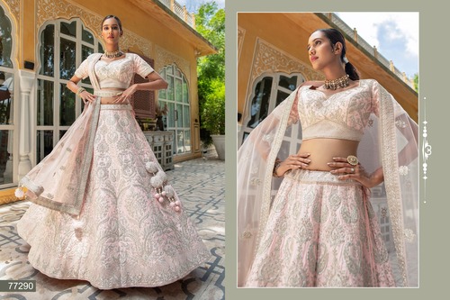 Baby Pink Zarkan Work Net Semi Stitched Lehenga Choli With Net Dupatta-77290