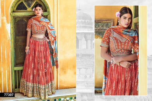 Golden Orange Pure Viscose Sequins Work and Thread work Fully Stitched Lehenga Choli-77307