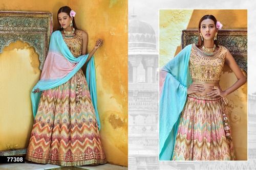 Traditional Multicolor Golden Zigzag Printed Pure Viscose Fully Stitched Engagement Lehenga Choli-77308