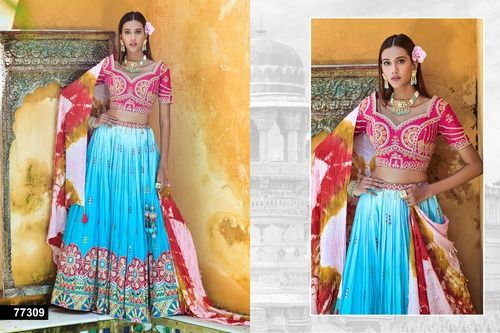 Traditional Sky Blue Viscose Embroidered Full Stitched Lehenga Choli With Dupatta-77309