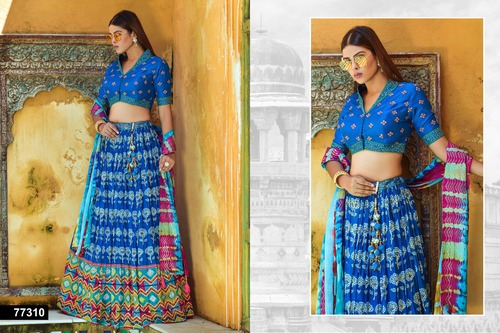 Royal Blue Festive Embroidered Floral Printed Full Stitched Lehenga Choli-77310