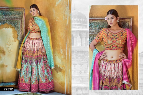 Multicolor Viscose Embroidered Full Stitched Lehenga choli with Dupatta-77312