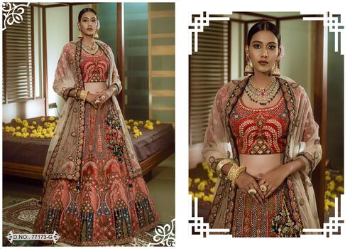 Red Velvet Semi Stitched Bridal Lehenga Choli With Net Dupatta-77173