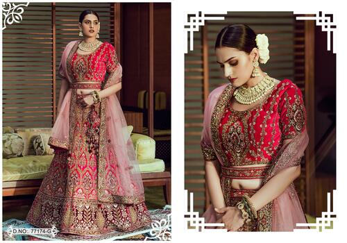 Ethnic Hot Red Elegant Embroidery Hand Work Velvet Semi Stiched Lehenga Choli With Net Dupatta-77174