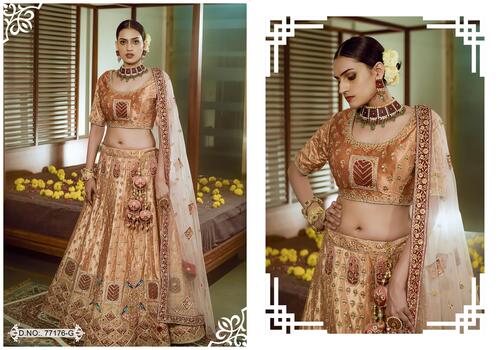 California Peach colour Fully Hand Embroidery Premium Lehenga Choli With Net Dupatta-77176