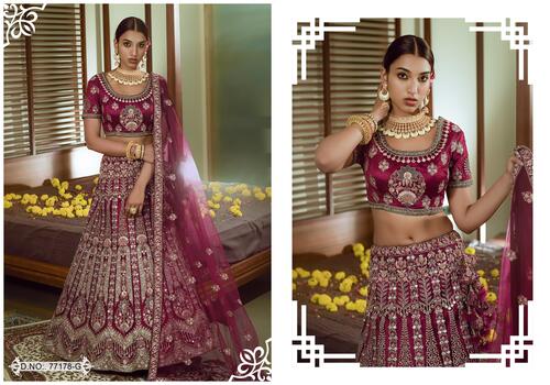 Indian Magenta Purple Colour Velvet Semi Stiched Traditional Lehenga Choli With Net Dupatta-77178