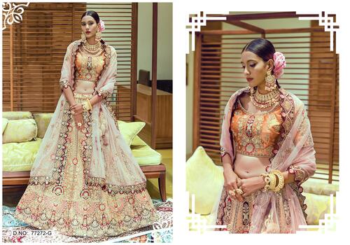 Light Orange Unique Hand Work Pattern Velvet Semi Stiched Bridal Lehenga Choli With Net Dupatta-77272