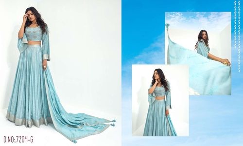 Trendy Sky Blue Viscose Fully Stitched Embroidered Lehenga Choli With Tailored Blouse And Dupatta-77204