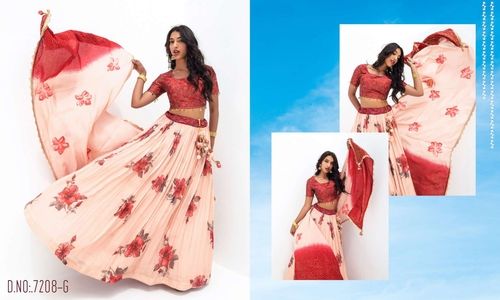 Ethnic Red Peach Pure Viscose Stitched Lehenga Choli With Embroidered Blouse And Dupatta-77208