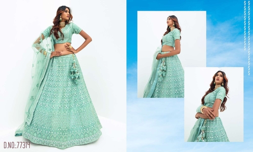 Aquamarine Green Pure Viscose Stitched Lehenga Choli with Embroidered Blouse And Dupatta-77314