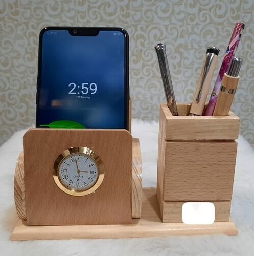 Wooden Pen Stand with Clock