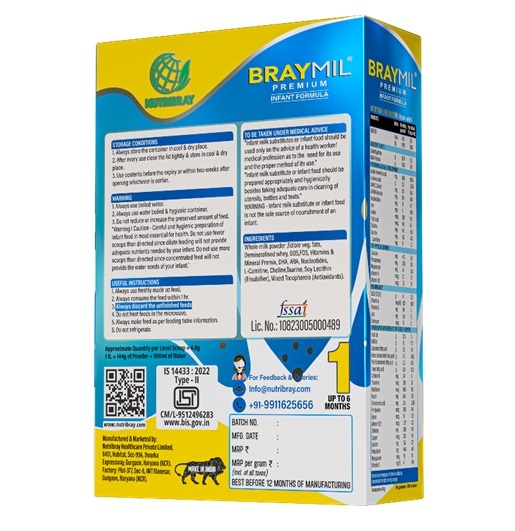 BRAYMIL PREMIUM 1 INFANT FORMULA  Stage -1 ( 0 to 6 Months) - BIB Pack