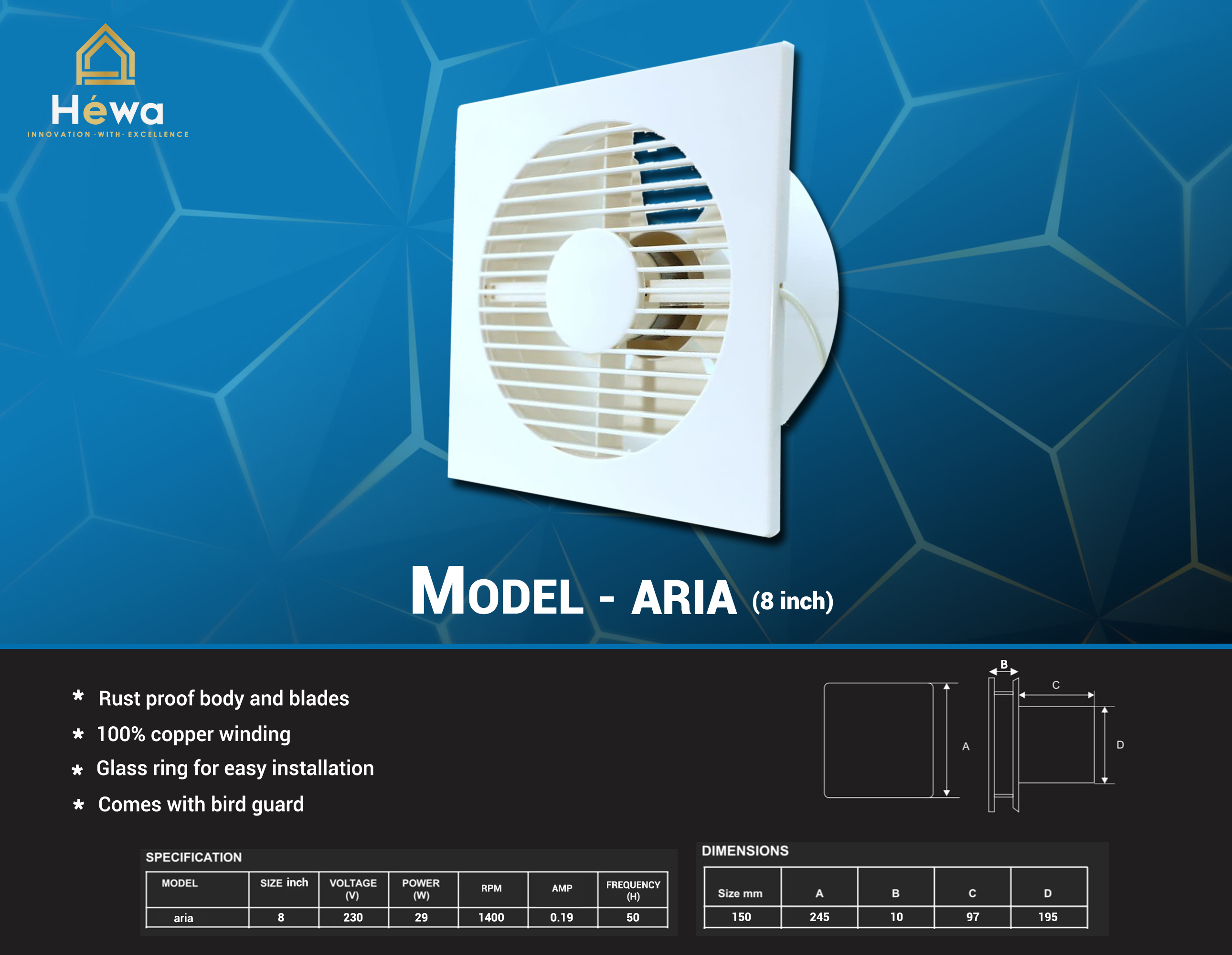 Aria 8 Inch Round Exhaust Fan  200 MM