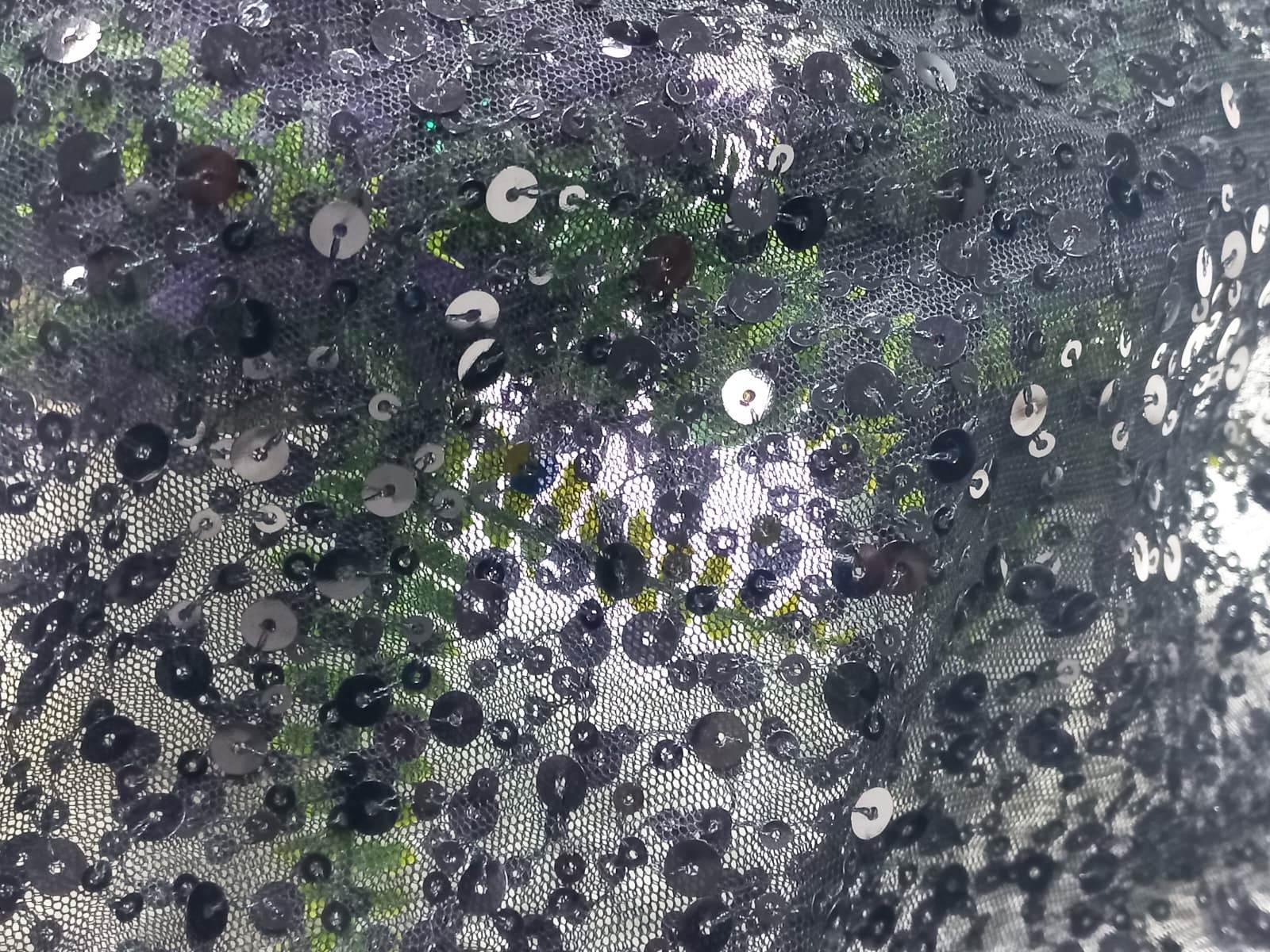Sequins Embroidery fabric on Black mesh Net