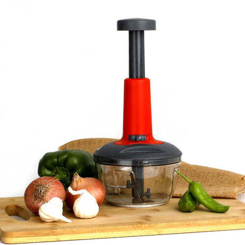 MATTE FINISH MANUAL HAND PRESS CHOPPER FOR KITCHEN MINI HANDY AND COMPACT CHOPPER WITH 3 BLADES FOR EFFORTLESSLY CHOPPING VEGETABLES AND FRUITS FOR YOUR KITCHEN (5901)