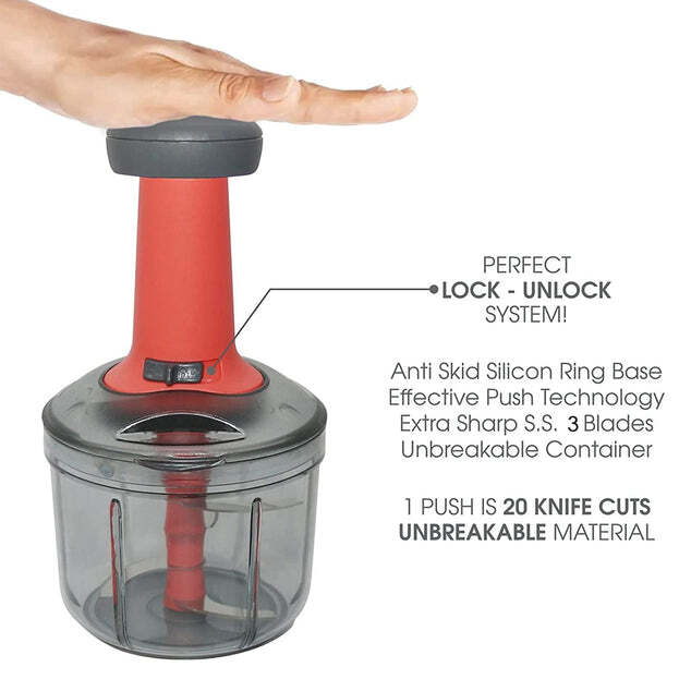 MATTE FINISH MANUAL HAND PRESS CHOPPER FOR KITCHEN MINI HANDY AND COMPACT CHOPPER WITH 3 BLADES FOR EFFORTLESSLY CHOPPING VEGETABLES AND FRUITS FOR YOUR KITCHEN (5901)
