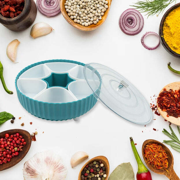 360 DEGREE REVOLVING SPICE BOX AND DRY FRUIT BOX PLASTIC 7 COMPARTMENT BOX SUITABLE FOR MULTIPURPOSE STORAGE USE LIKE DRY FRUIT SPICES PICKLE TEA AND SUGAR ETC KITCHEN USE (5811)