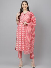 Ladies Fancy Suit - Cotton Fabric Designer Kurta Set in Sizes S to XXL, Pink Color, Full Sleeves, Printed Pattern, All Season Wear, Quick Dry, Washable