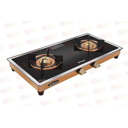 Two Burner Glass Gas Stove 2BR CRYSTAL BLACK GLASS WITH ROSE GOLD MIRROR FINISH FRAME REVEN 2502