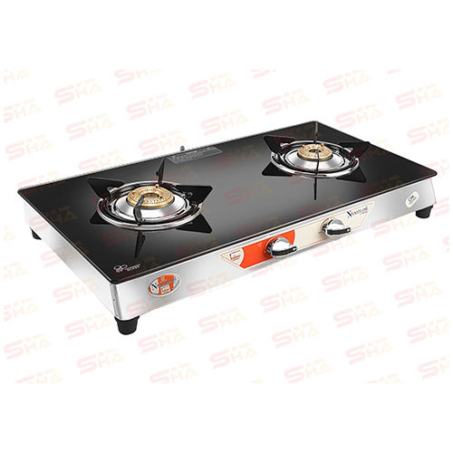 Two Burner Glass Gas Stove 2BR CRYSTAL BLACK GLASS WITH SS FRAME ARES SS 2404