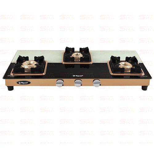 Three Burner Glass Gas Stove 3BR BLK AndWHT GLASS WITH ROSE GOLD MIRROR FINISH FRAME MORPHEUS 3501