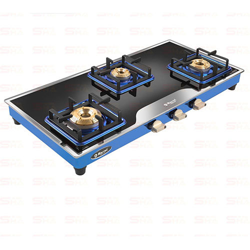 Three Burner Glass Gas Stove 3BR MIRROR GLASS WITH BLUE MIRROR FINISH FRAME SILAS 3504