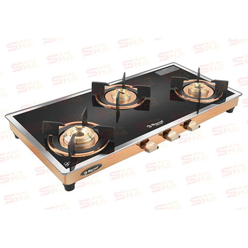 Three Burner Glass Gas Stove 3BR MIRROR GLASS WITH ROSE GOLD MIRROR FINISH FRAME