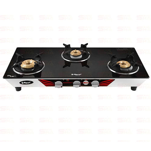 Three Burner Glass Gas Stove 3BR BLACK WITH SS AIR FRAME EROS SS 3402