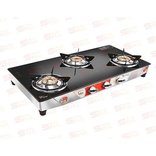 Three Burner Glass Gas Stove 3BR CRYSTAL BLACK GLASS WITH SS FRAME Mercury SS 3403