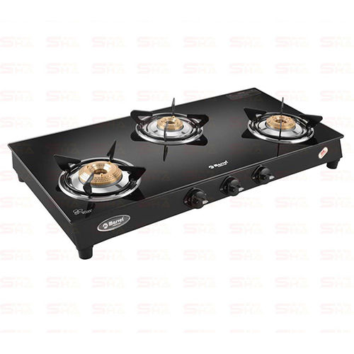 Three Burner Glass Gas Stove 3BR CRYSTAL BLACK GLASS WITH SS FRAME Mercury MS 3404