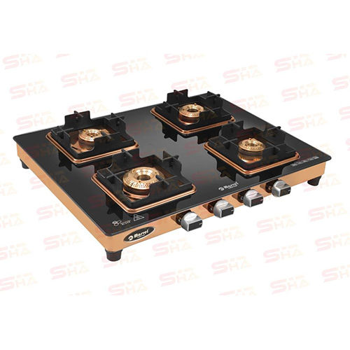 Stainless Steel Four Burner Gas Stove 4Br Crystal Glass With Rose Gold Mirror Finish Frame Sakaar 4503