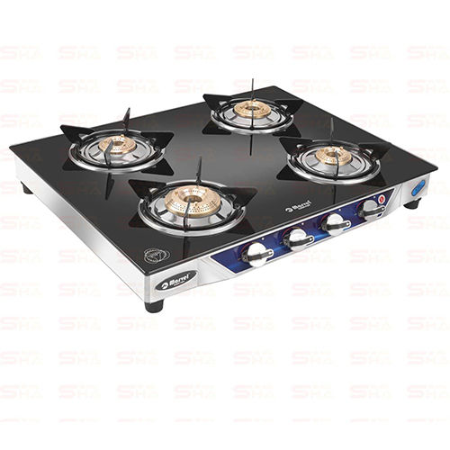 Four Burner Gas Stove 4BR CRYSTAL BLACK GLASS WITH SS FRAME Phastos SS 4401