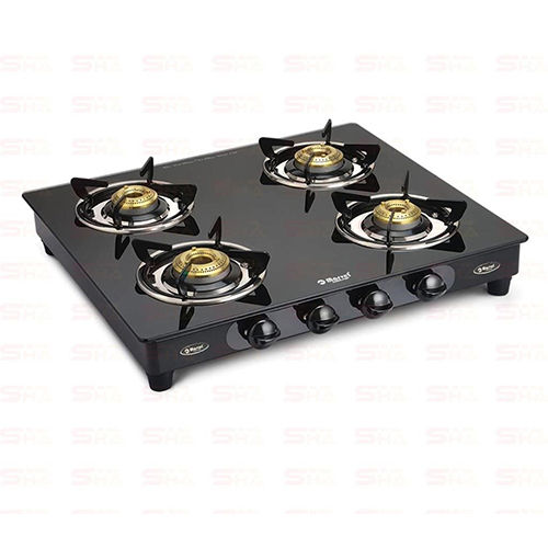 Four Burner Gas Stove 4BR CRYSTAL BLACK GLASS WITH MS FRAME Phastos MS 4402