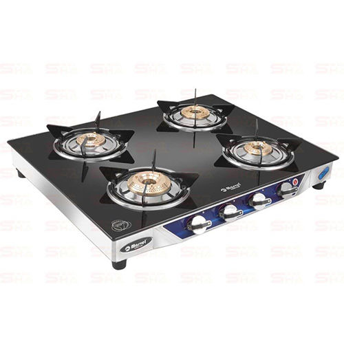 Four Burner Gas Stove 4BR CRYSTAL BLACK GLASS WITH SS FRAME (JUMBO) Phastos SS - 4403