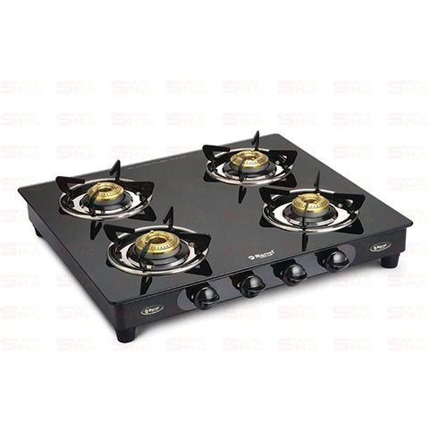 Four Burner Gas Stove 4BR CRYSTAL BLACK GLASS WITH MS FRAME (JUMBO) Phastos MS - 4404