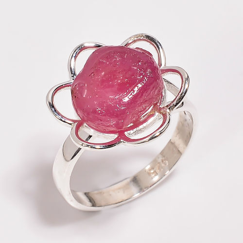 925 Sterling Silver Raw Gemstone Flower Design Ring