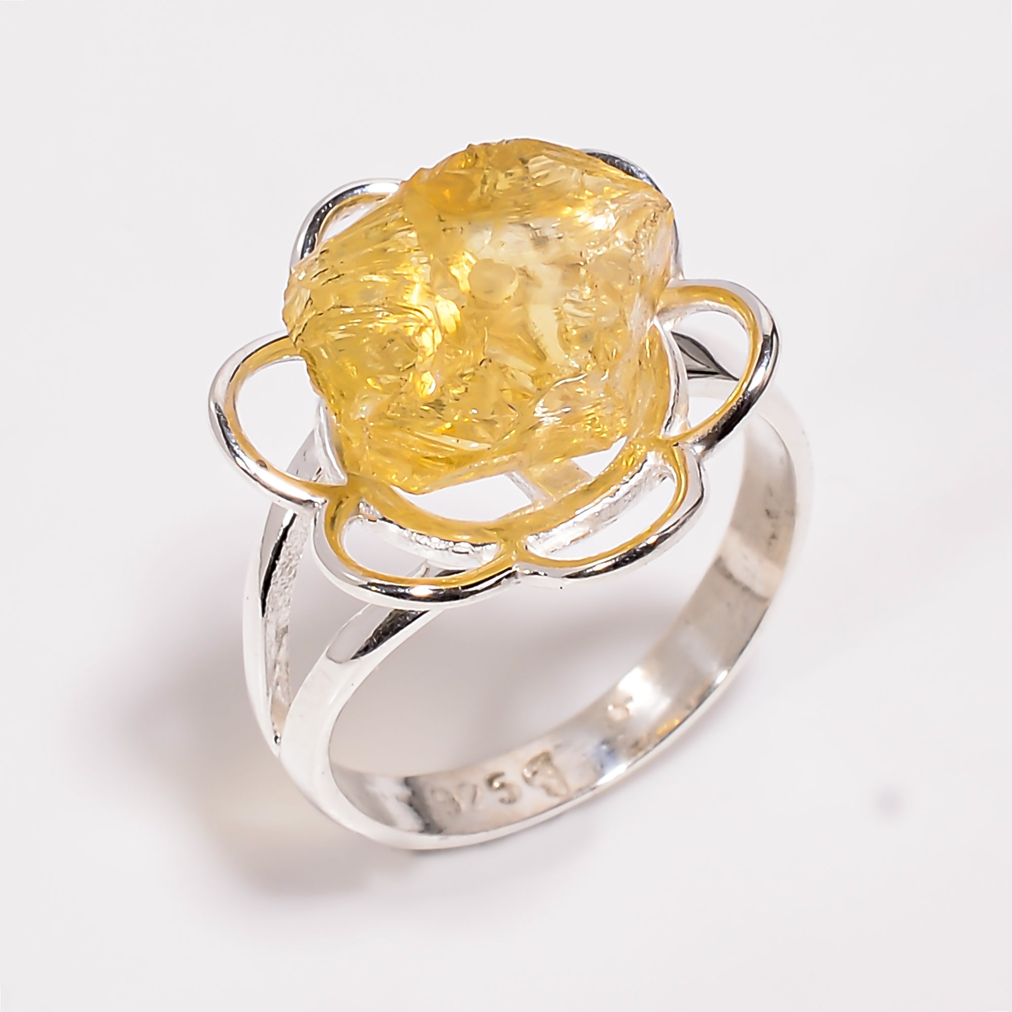 925 Sterling Silver Raw Gemstone Flower Design Ring